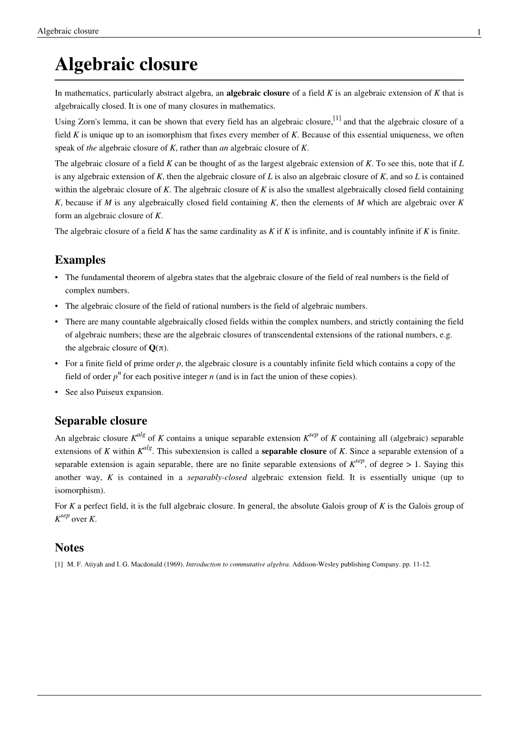 Algebraic Closure 1 Algebraic Closure