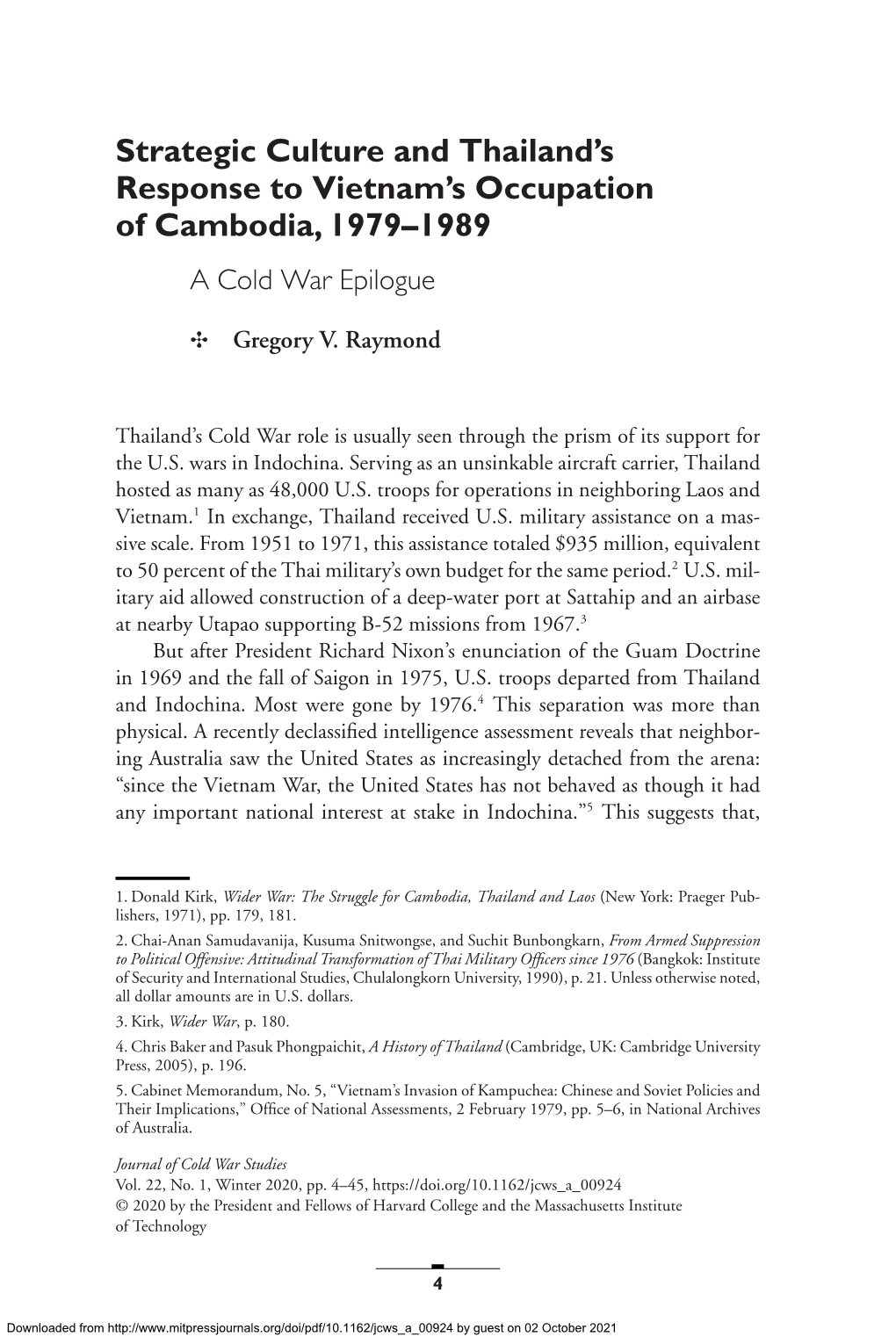 Strategic Culture and Thailand's Response to Vietnam's Occupation of Cambodia, 1979–1989