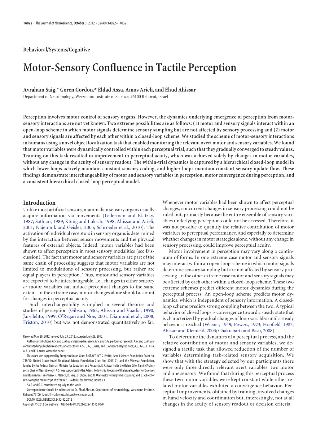 Motor-Sensory Confluence in Tactile Perception