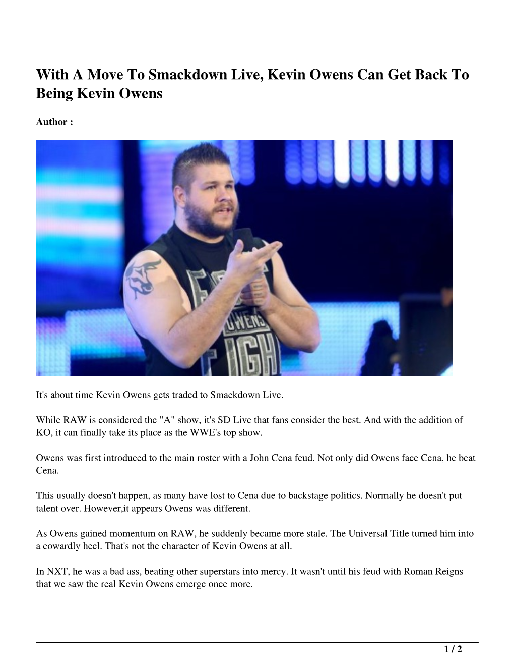 With a Move to Smackdown Live, Kevin Owens Can Get Back to Being Kevin Owens