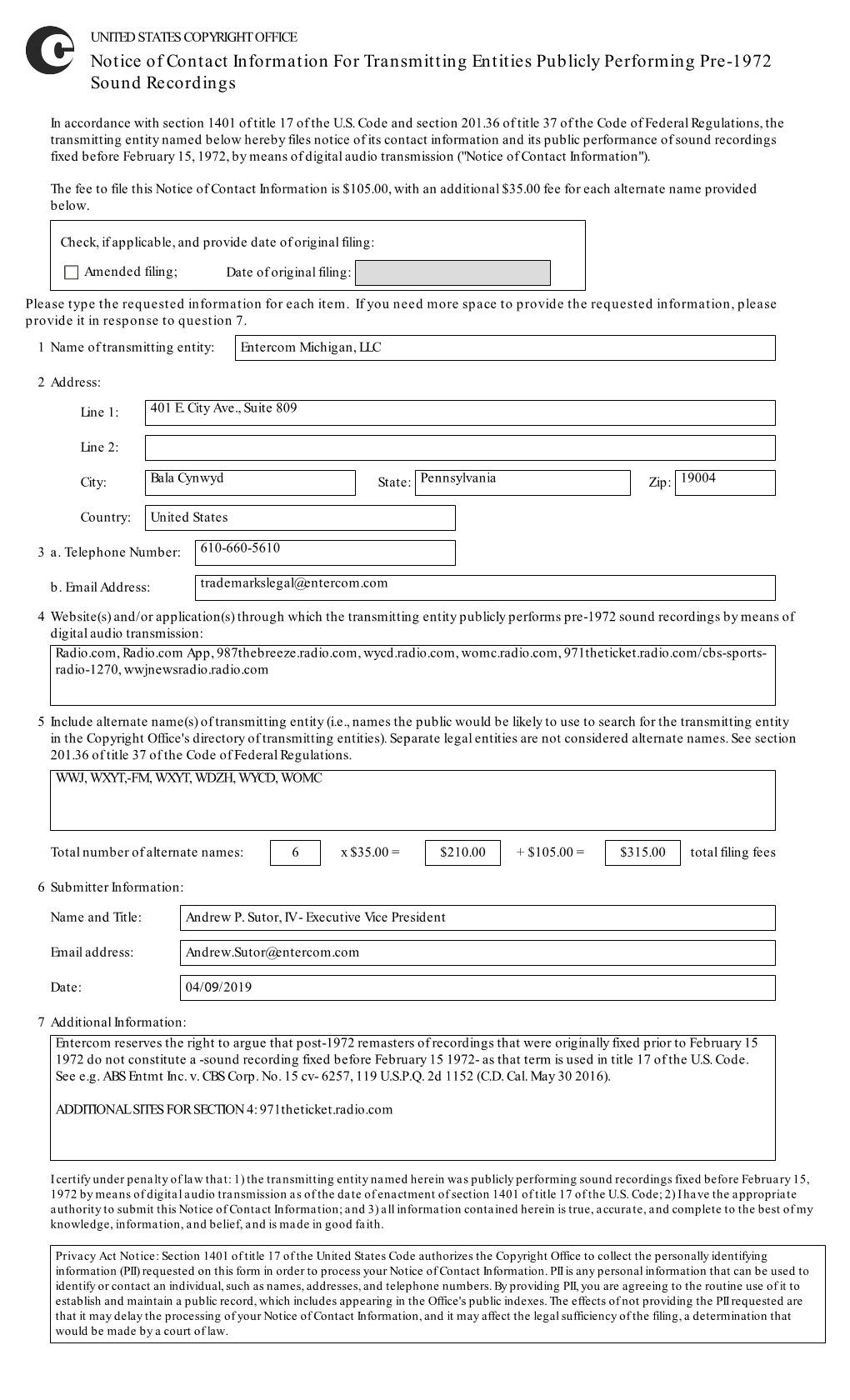 Notice of Contact Information for Transmitting Entities Publicly Performing Pre-1972 Sound Recordings