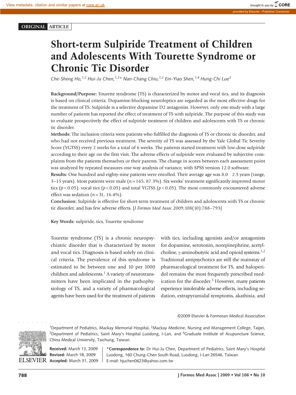 Short-Term Sulpiride Treatment of Children and Adolescents