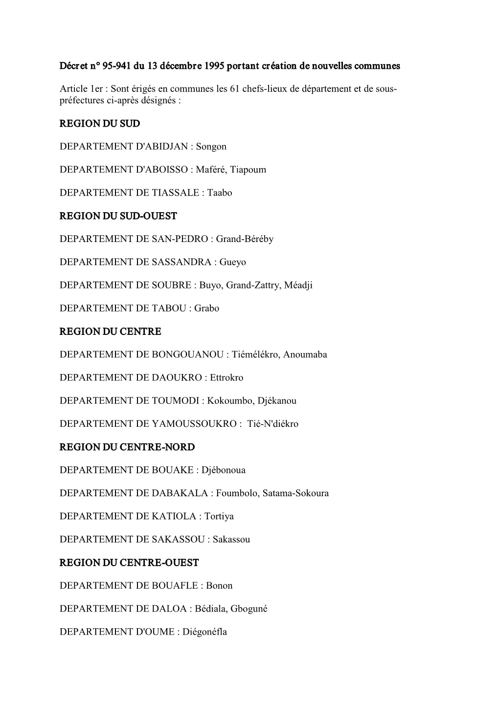 Décret N° 95-941 Du 13 Décembre 1995 Portant Création De Nouvelles Communes