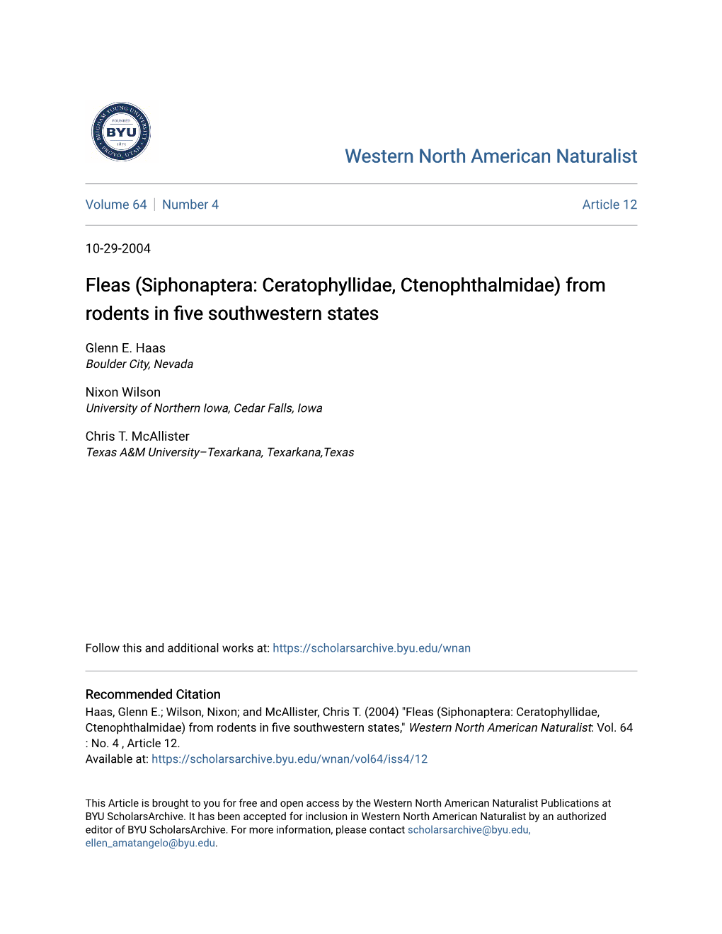 Fleas (Siphonaptera: Ceratophyllidae, Ctenophthalmidae) from Rodents in Five Southwestern States