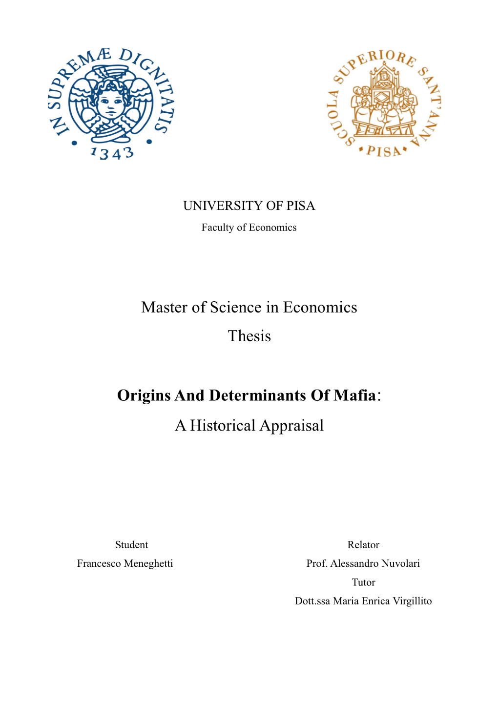 Master of Science in Economics Thesis Origins And