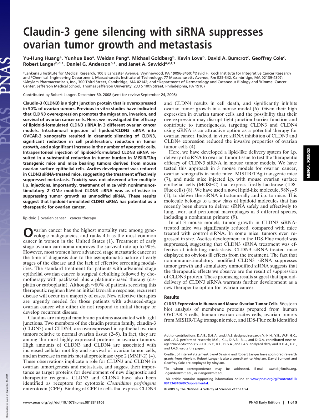 Claudin-3 Gene Silencing with Sirna Suppresses Ovarian Tumor Growth and Metastasis