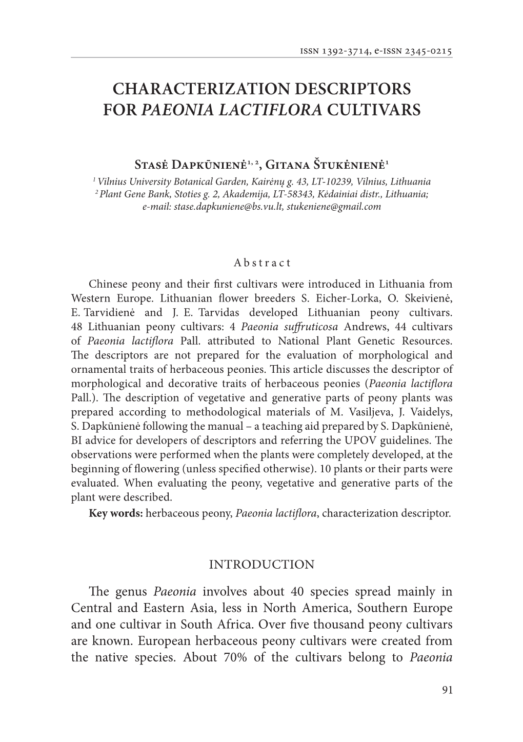 Characterization Descriptors for Paeonia Lactiflora Cultivars