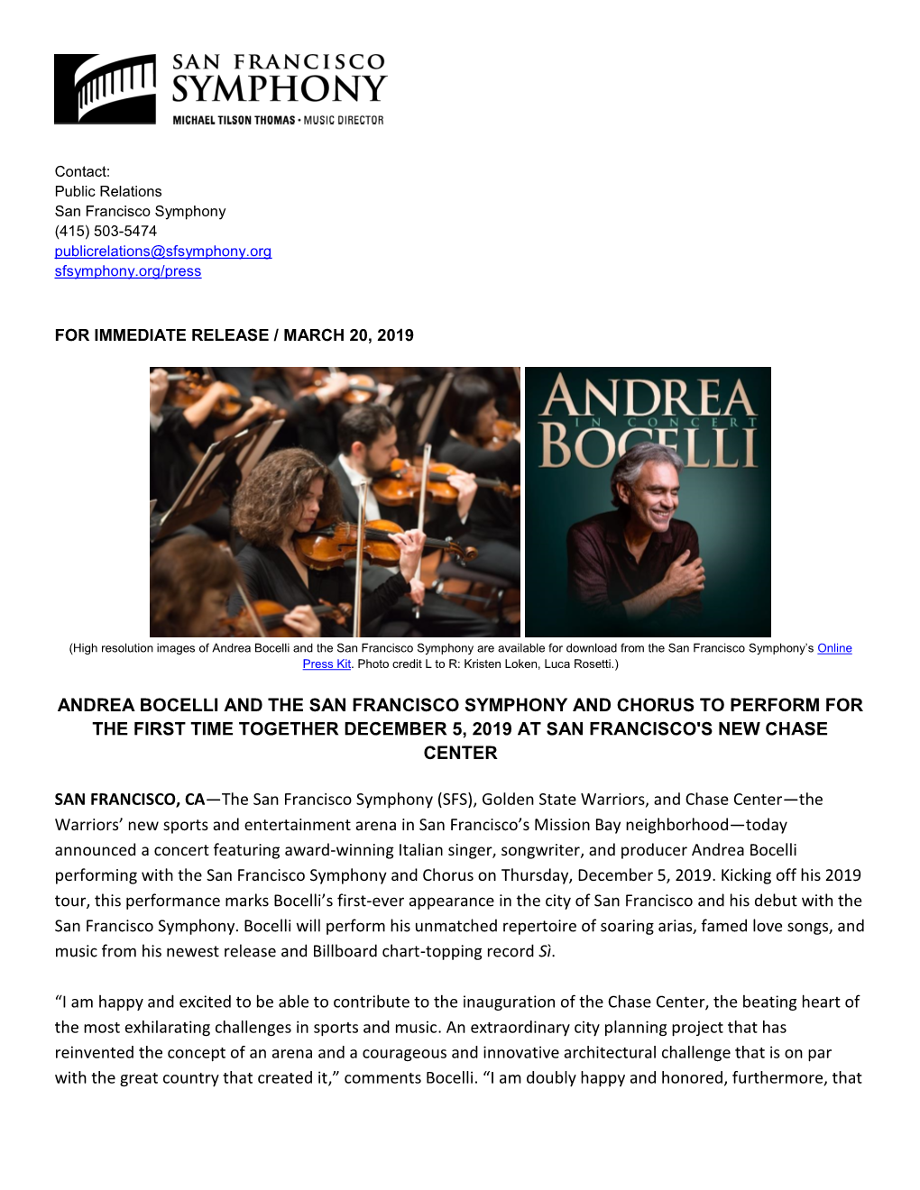 Andrea Bocelli and the San Francisco Symphony and Chorus to Perform for the First Time Together December 5, 2019 at San Francisco's New Chase Center