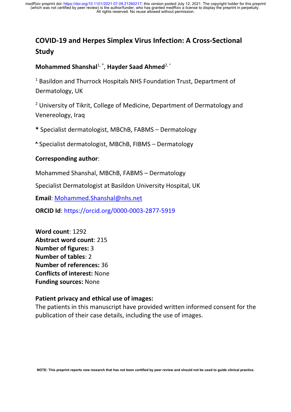 COVID-19 and Herpes Simplex Virus Infection: a Cross-Sectional Study