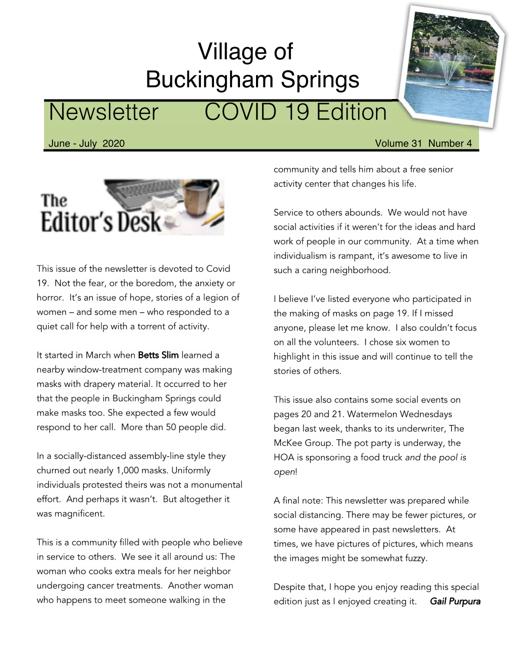 Village of Buckingham Springs Newsletter COVID 19 Edition