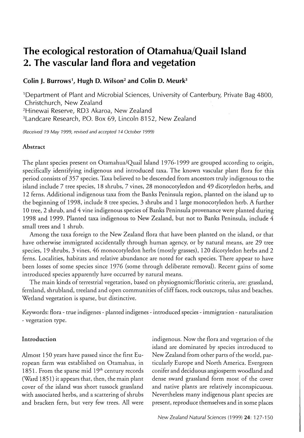 The Ecological Restoration of Otamahua/Quail Island 2. the Vascular Land Flora and Vegetation