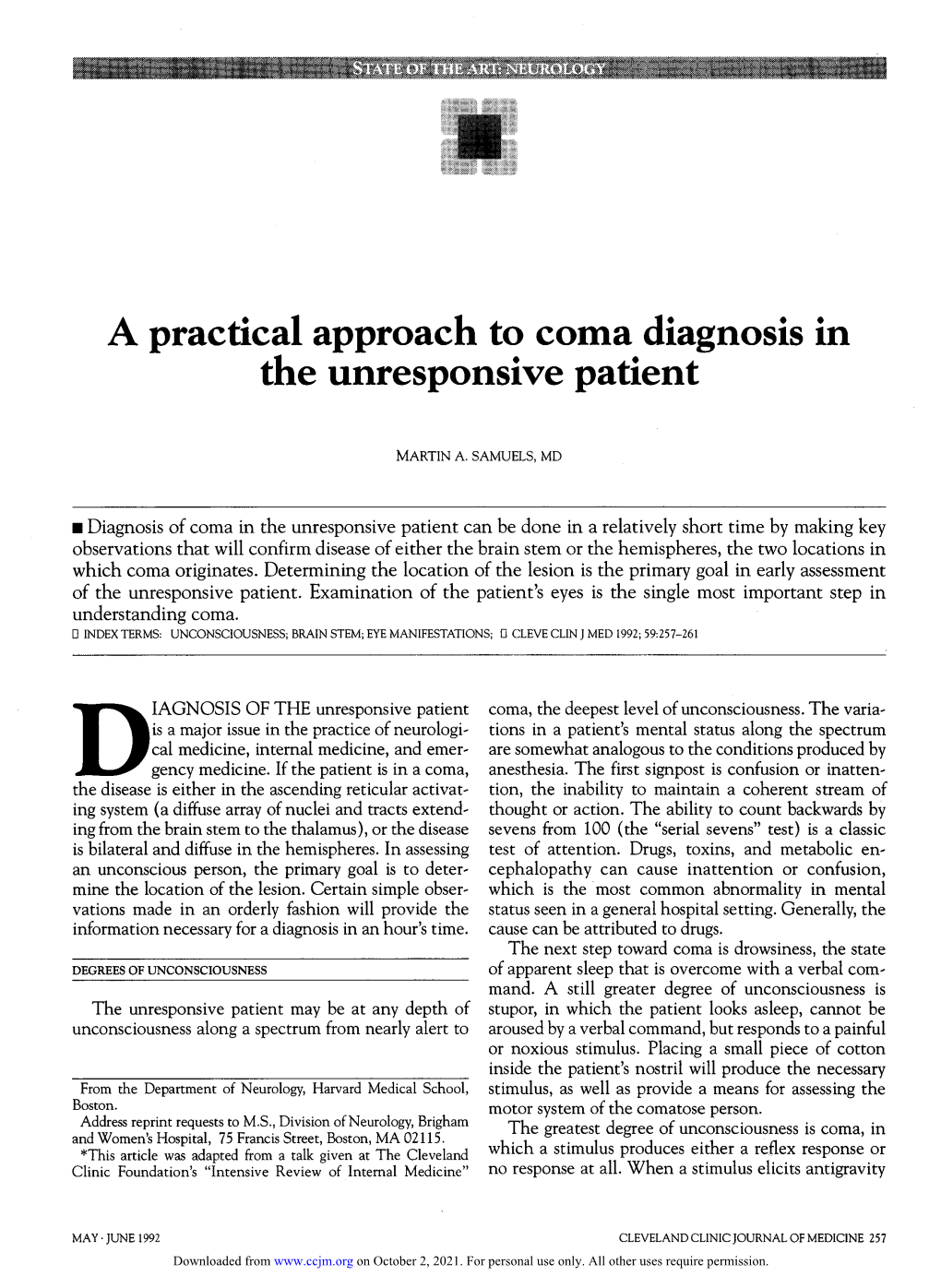 A Practical Approach to Coma Diagnosis in the Unresponsive Patient