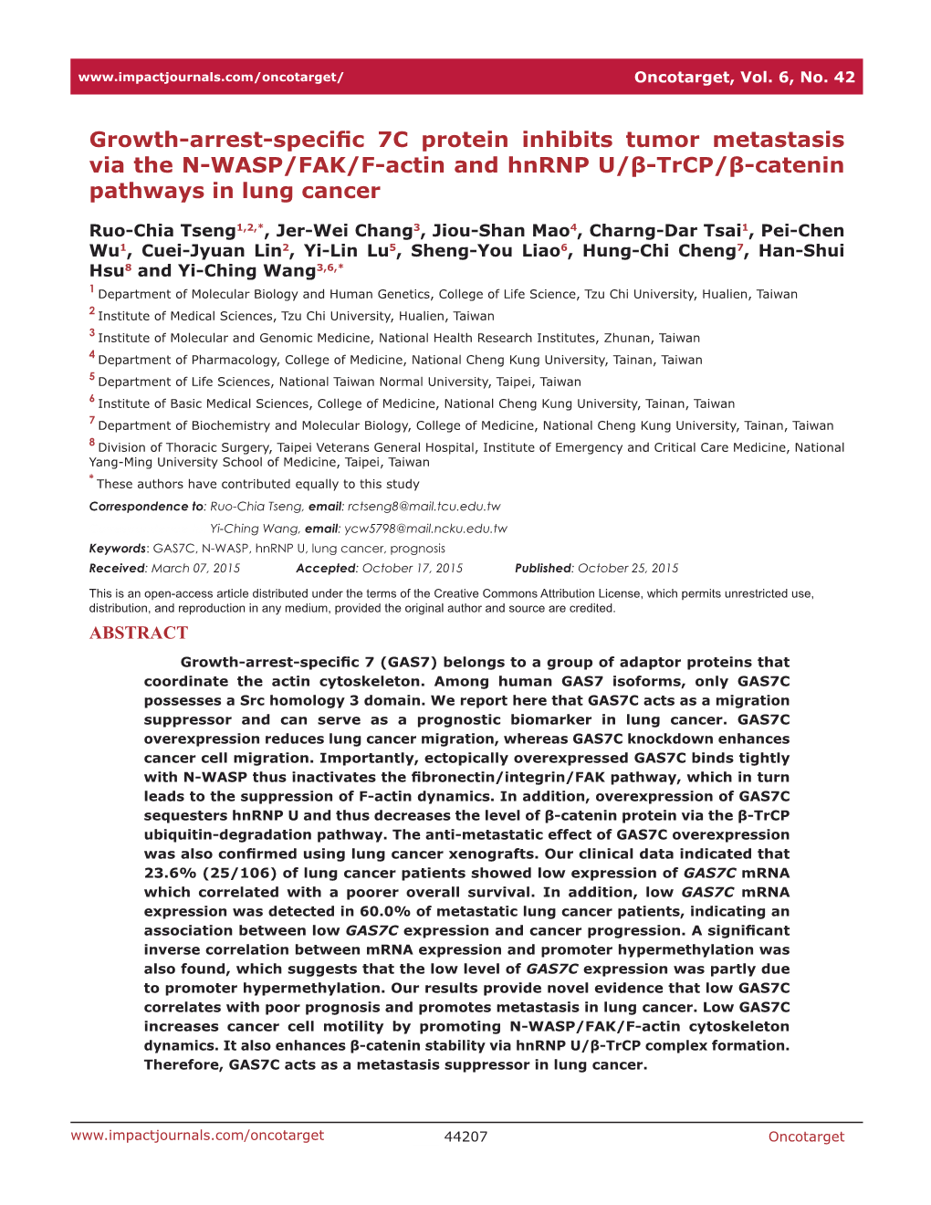 Growth-Arrest-Specific 7C Protein Inhibits Tumor Metastasis Via the N-WASP/FAK/F-Actin and Hnrnp U/Β-Trcp/Β-Catenin Pathways in Lung Cancer