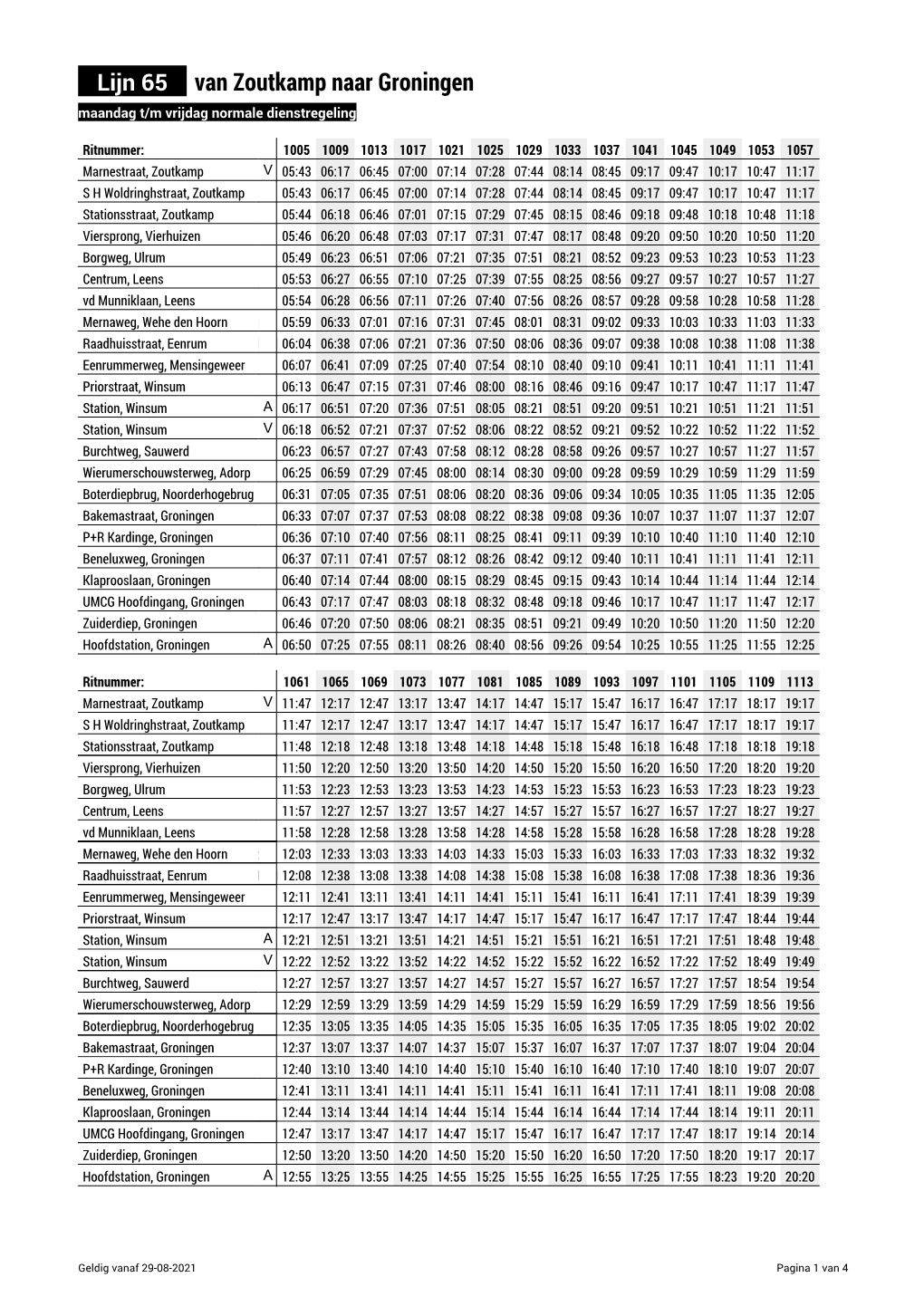 Lijn 65 Van Zoutkamp Naar Groningen Maandag T/M Vrijdag Normale Dienstregeling