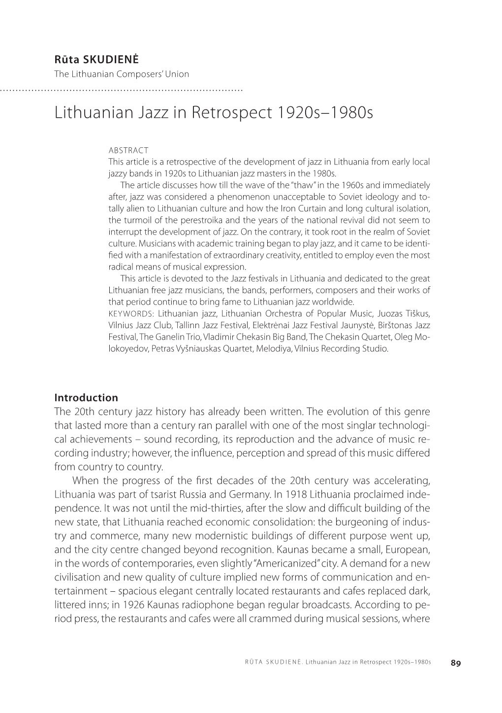 Lithuanian Jazz in Retrospect 1920S–1980S
