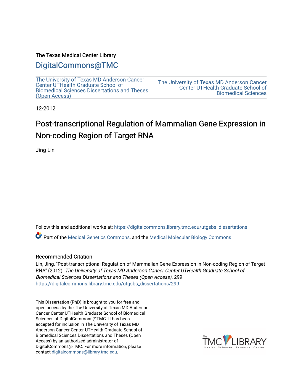 Post-Transcriptional Regulation of Mammalian Gene Expression in Non-Coding Region of Target RNA