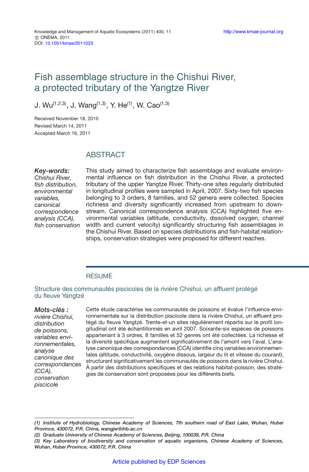 Fish Assemblage Structure in the Chishui River, a Protected Tributary of the Yangtze River