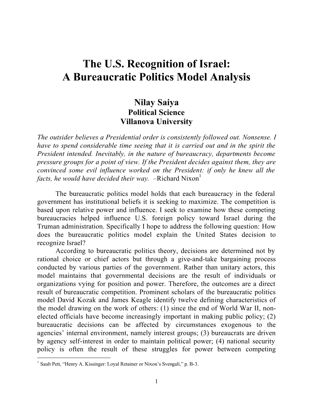 The U.S. Recognition of Israel: a Bureaucratic Politics Model Analysis