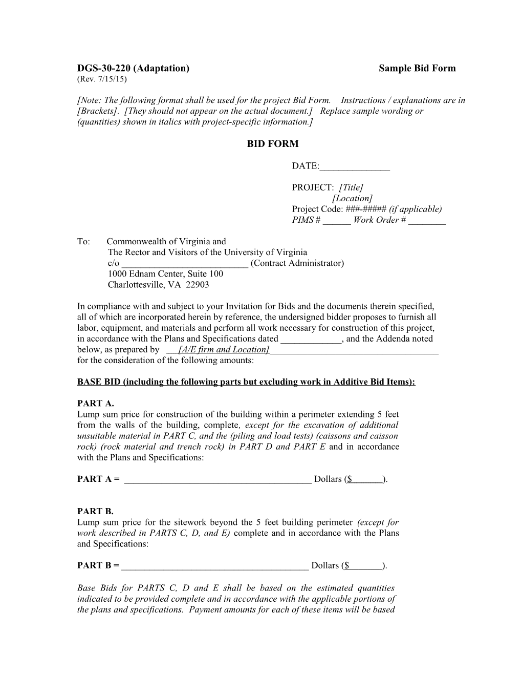 DGS-30-220 (Adaptation) Sample Bid Form