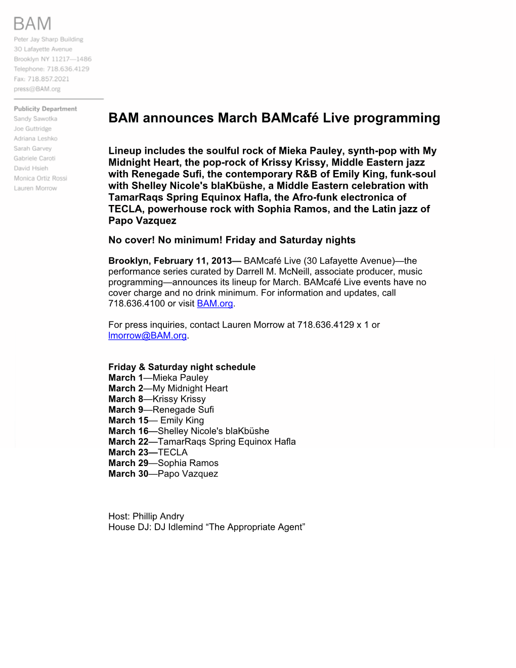 BAM Announces March Bamcafé Live Programming