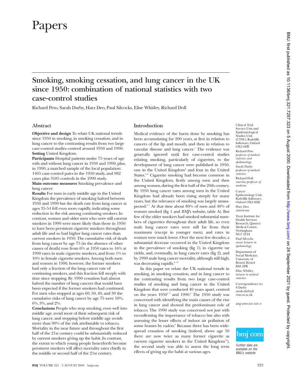 Papers BMJ: First Published As 10.1136/Bmj.321.7257.323 on 5 August 2000