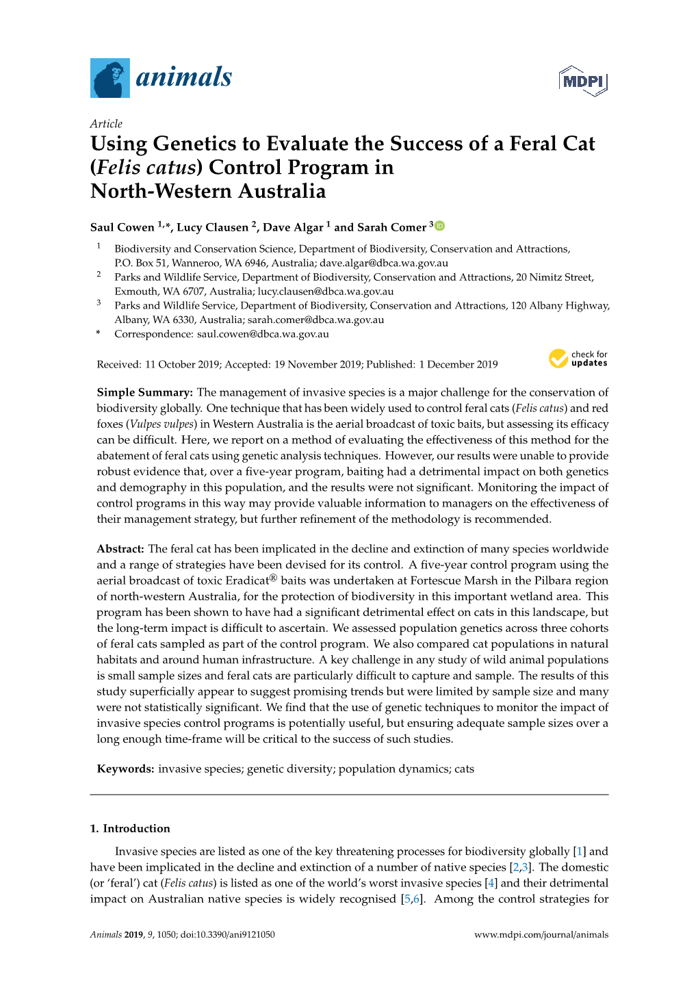 Using Genetics to Evaluate the Success of a Feral Cat (Felis Catus) Control Program in North-Western Australia