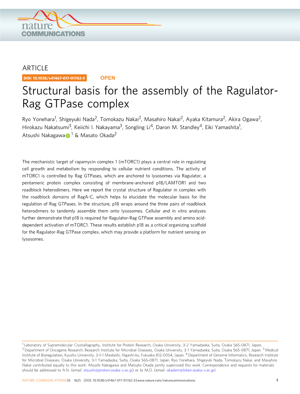Structural Basis for the Assembly of the Ragulator-Rag Gtpase Complex