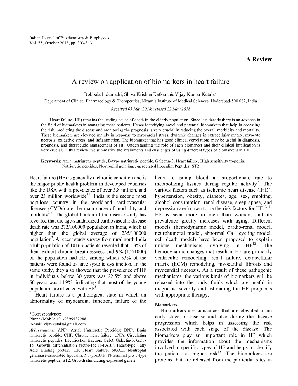 A Review on Application of Biomarkers in Heart Failure