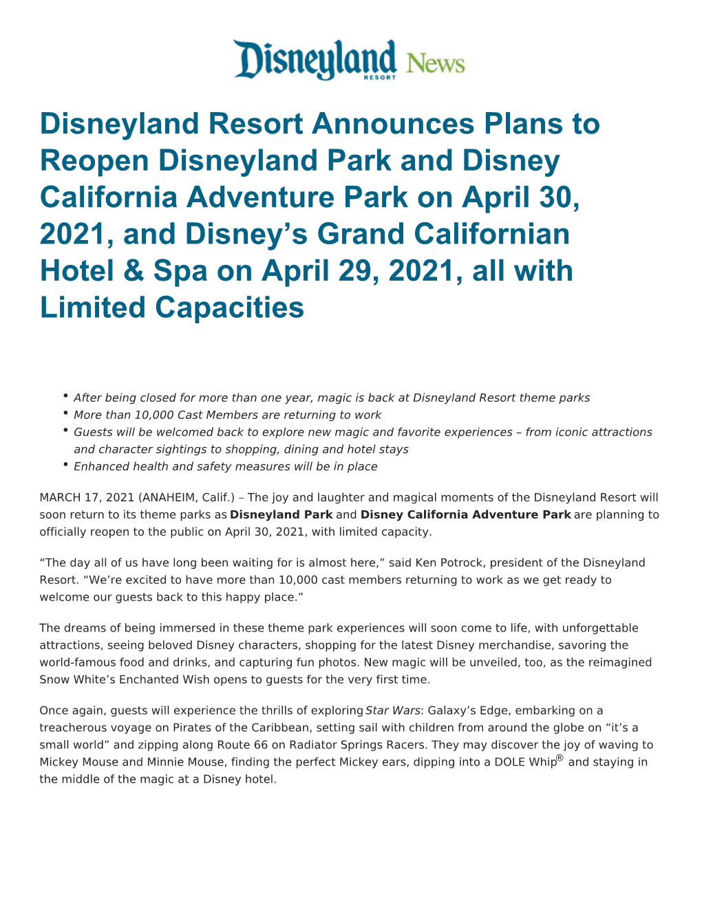 Disneyland Resort Announces Plans to Reopen Disneyland Park And