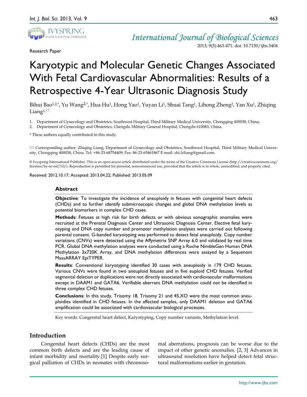 Karyotypic and Molecular Genetic Changes Associated with Fetal Cardiovascular Abnormalities: Results of a Retrospective 4-Year Ultrasonic Diagnosis Study