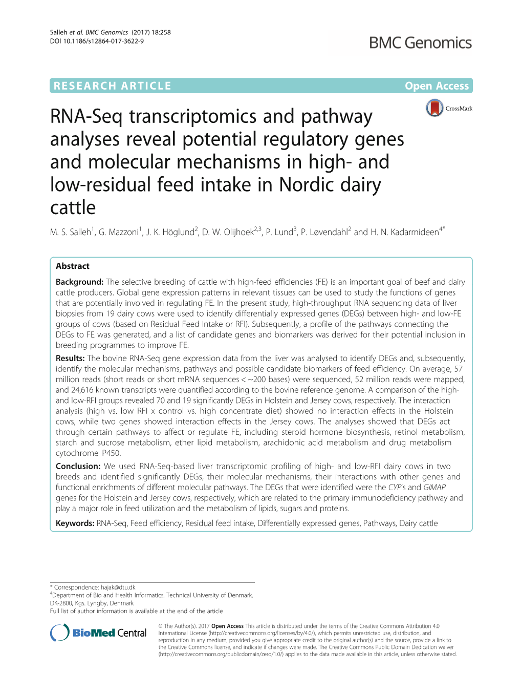 RNA-Seq Transcriptomics and Pathway Analyses Reveal Potential Regulatory Genes and Molecular Mechanisms in High- and Low-Residual Feed Intake in Nordic Dairy Cattle M