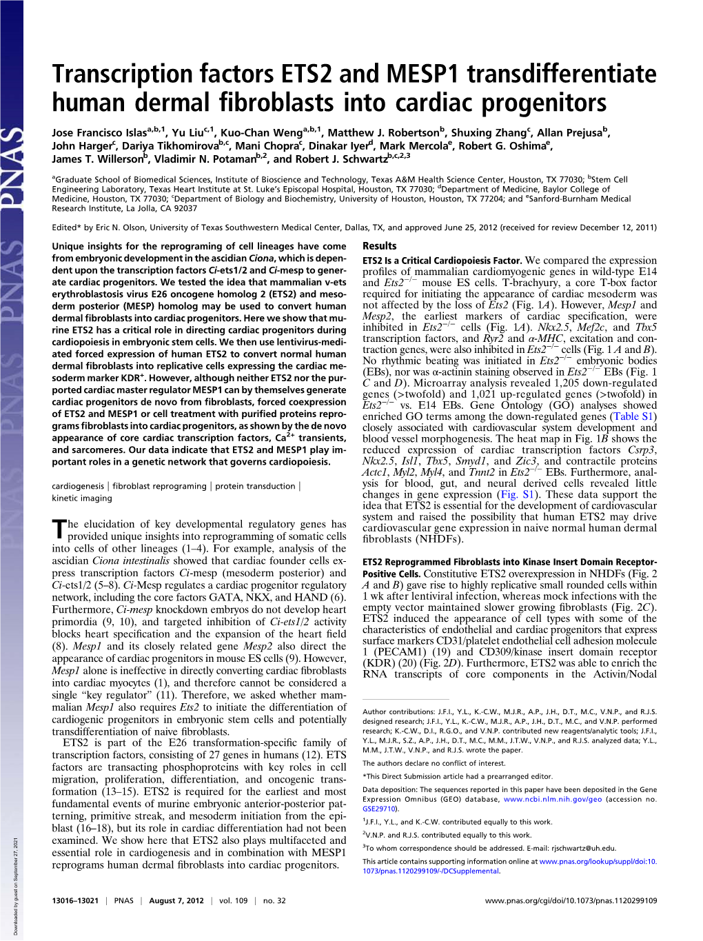 Transcription Factors ETS2 and MESP1 Transdifferentiate Human Dermal ﬁbroblasts Into Cardiac Progenitors