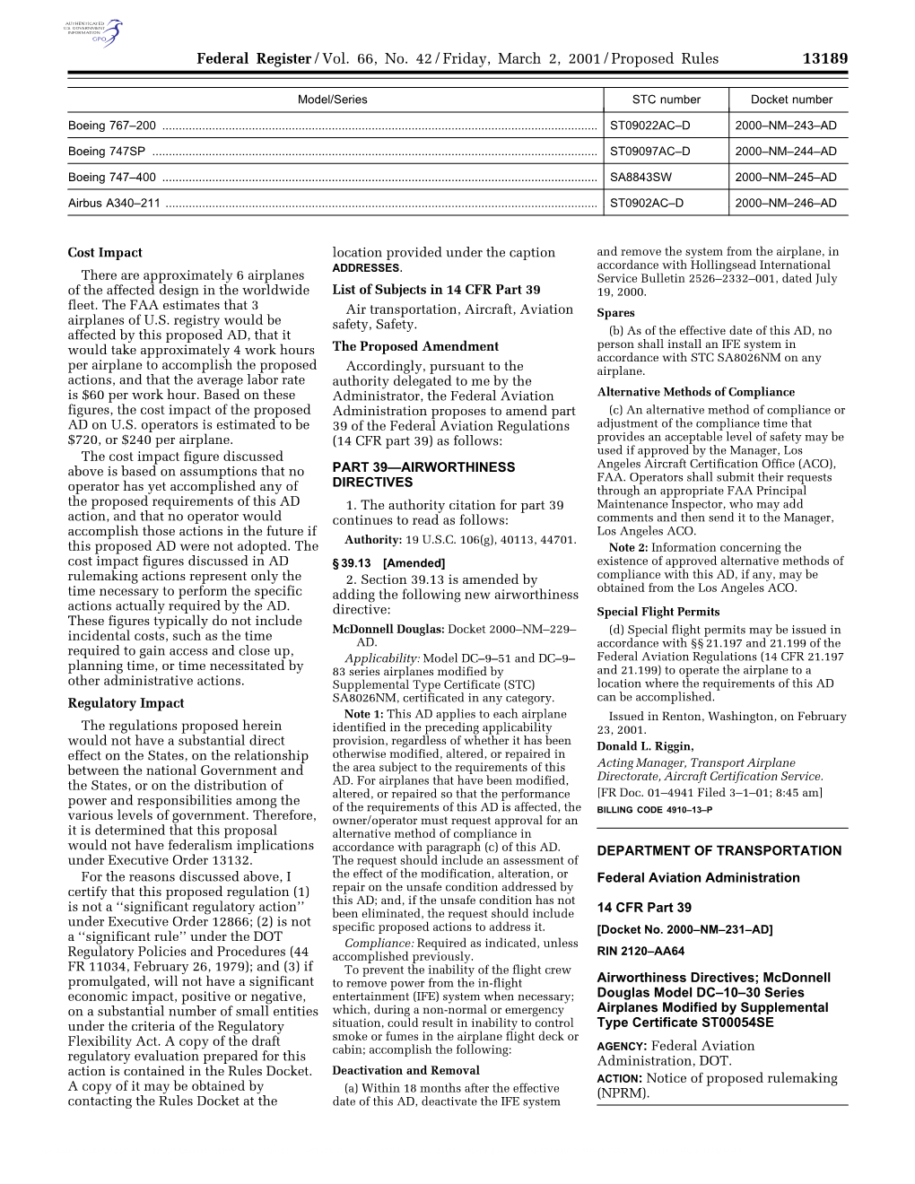 Federal Register/Vol. 66, No. 42/Friday, March 2, 2001