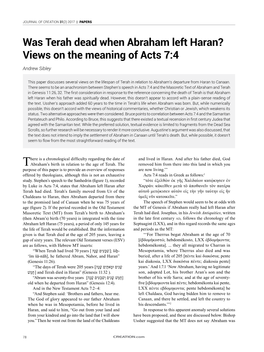 Was Terah Dead When Abraham Left Haran? Views on the Meaning of Acts 7:4