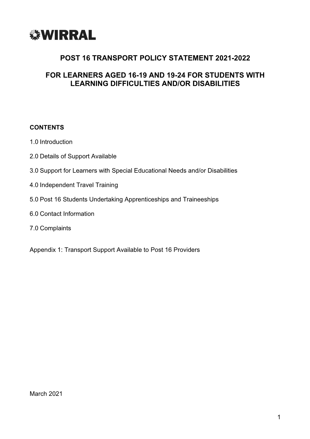 Post 16 Transport Policy Statement 2021-2022 for Learners Aged 16-19