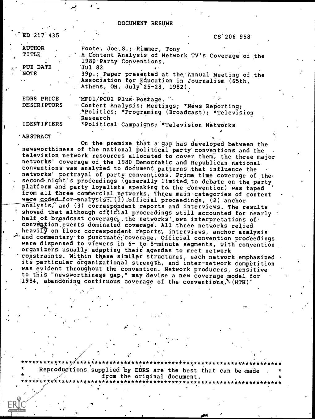 A Content Analysis of Network TV's Coverage of the 1980 Party Conventions