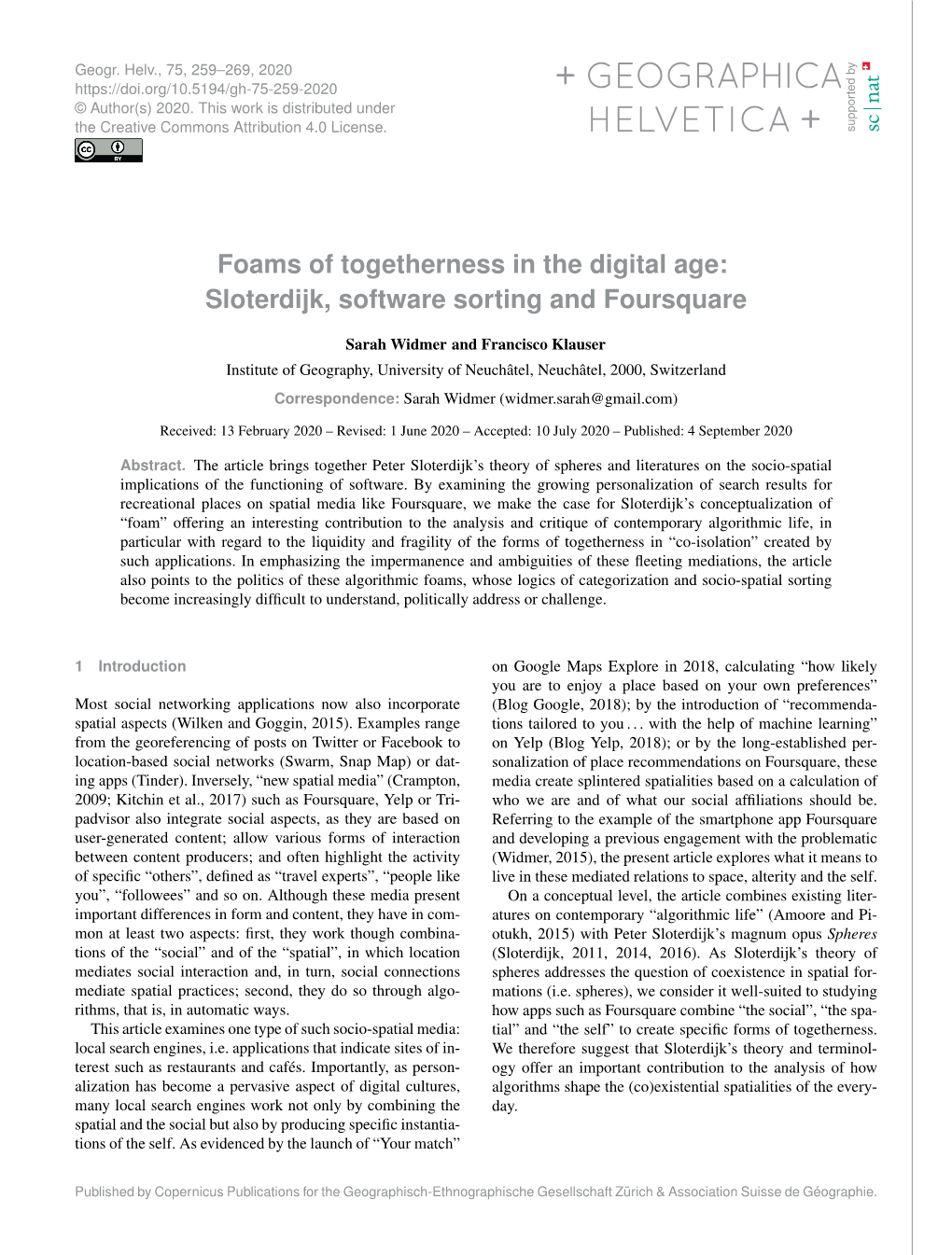 Foams of Togetherness in the Digital Age: Sloterdijk, Software Sorting and Foursquare