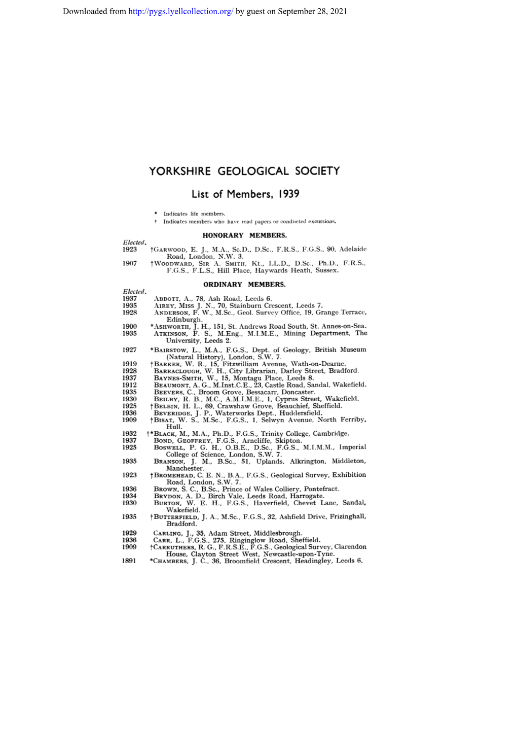 YORKSHIRE GEOLOGICAL SOCIETY List of Members, 1939