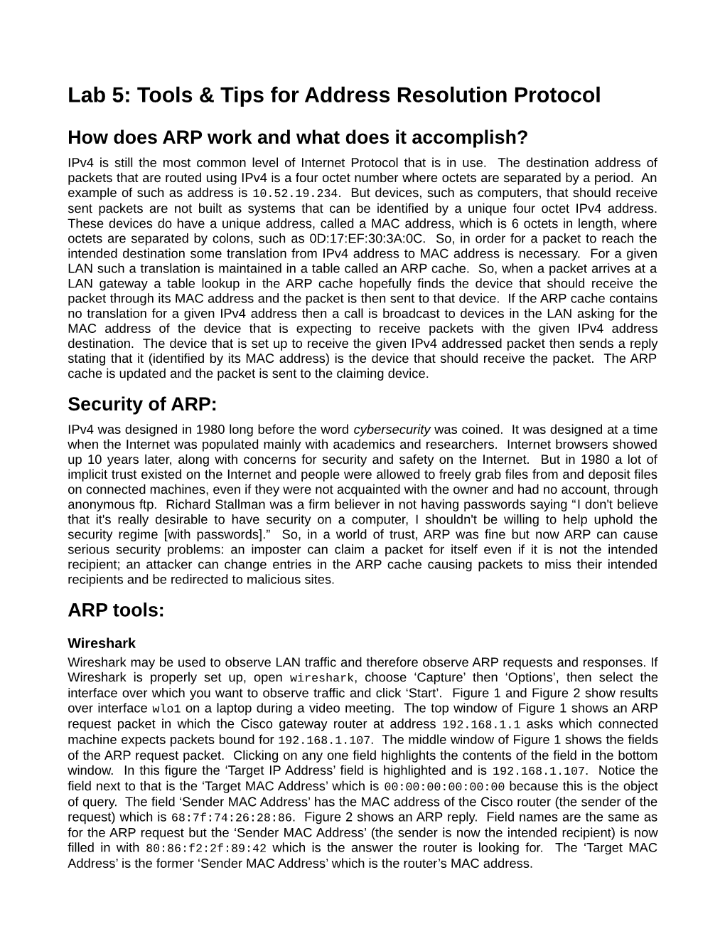 Lab 5: Tools & Tips for Address Resolution Protocol