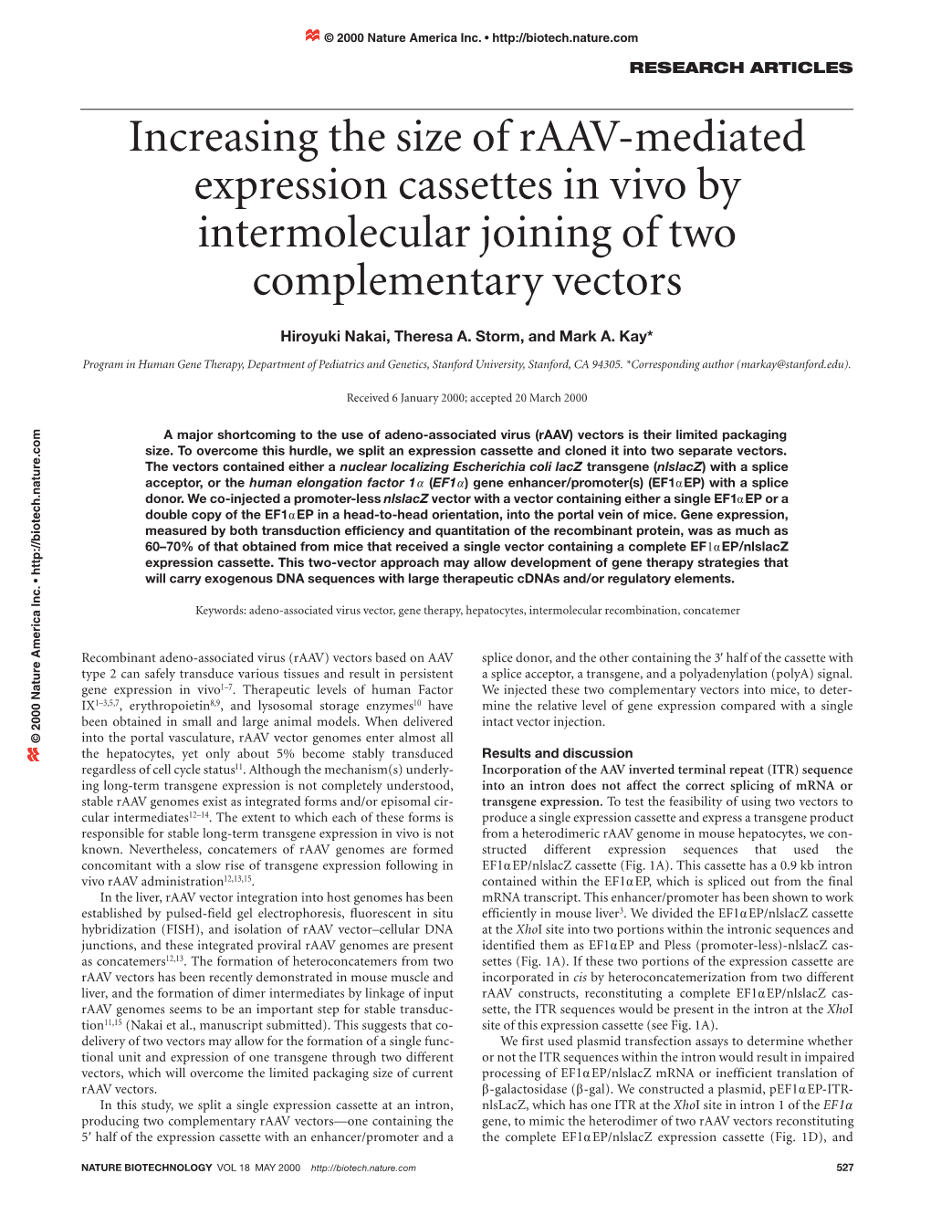 Increasing the Size of Raav-Mediated Expression Cassettes in Vivo by Intermolecular Joining of Two Complementary Vectors