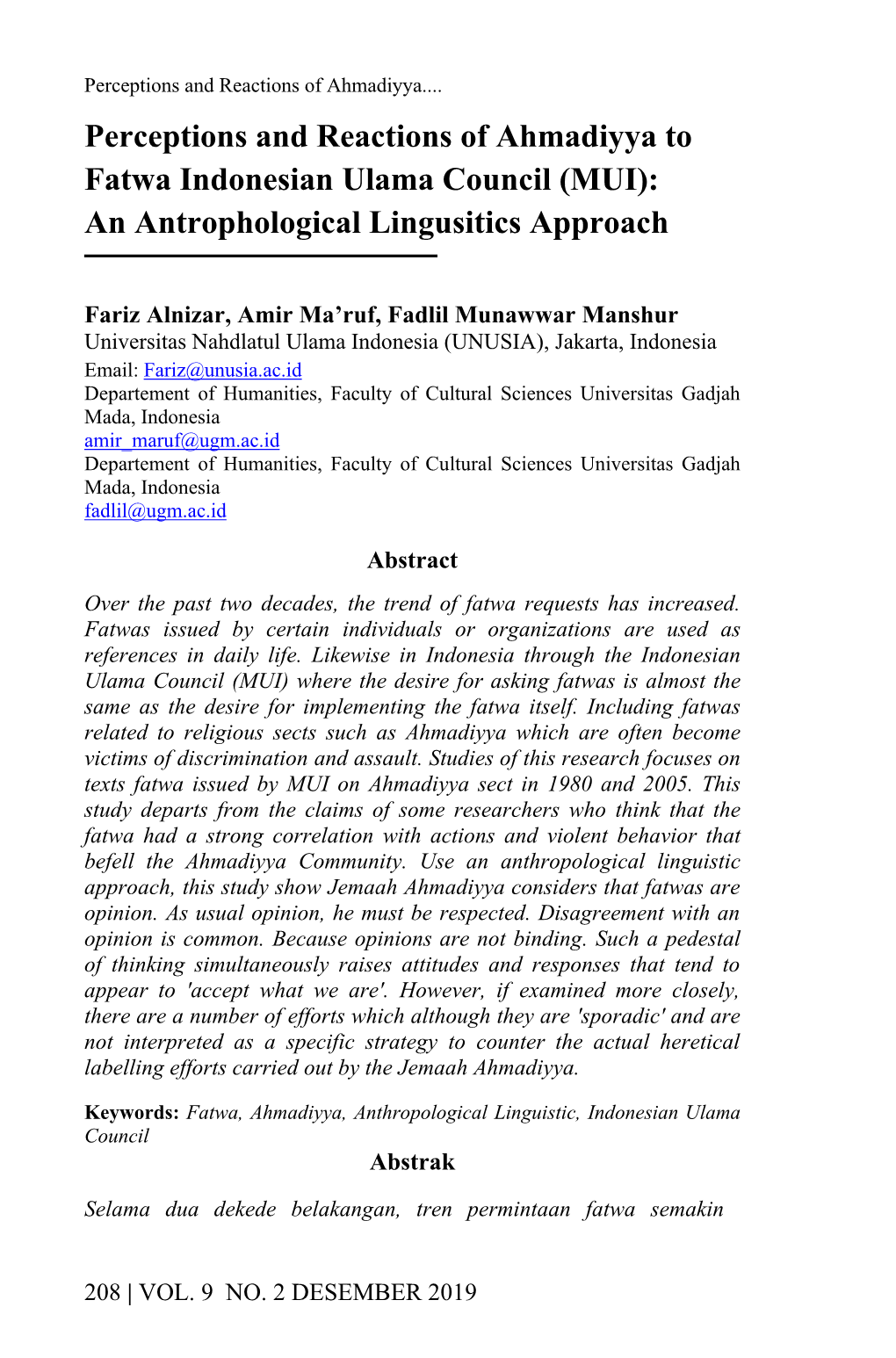 Perceptions and Reactions of Ahmadiyya to Fatwa Indonesian Ulama Council (MUI): an Antrophological Lingusitics Approach