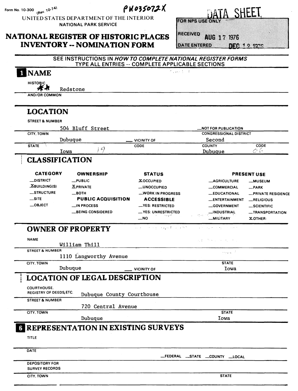 National Register of Historic Places Inventory - Nomination Form