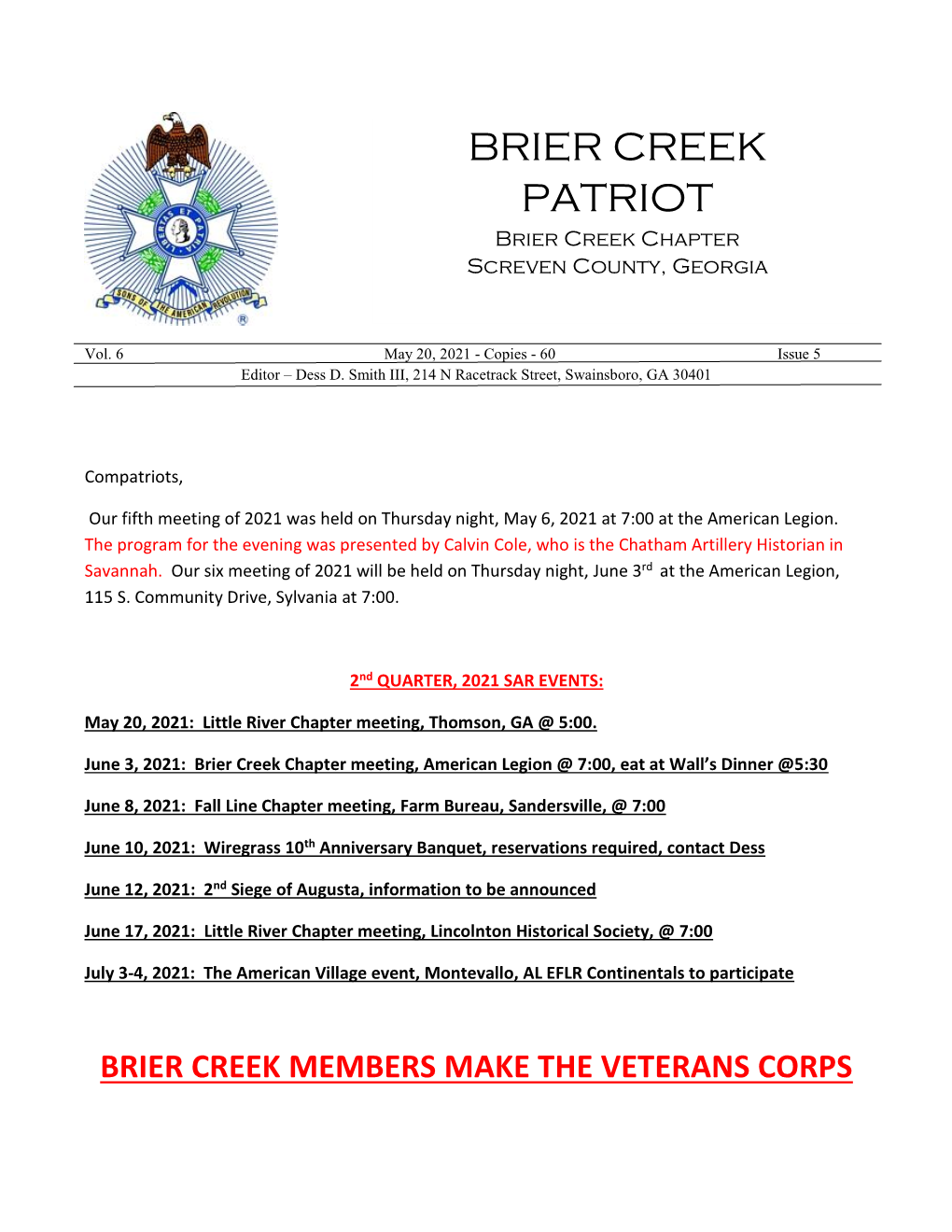 BRIER CREEK PATRIOT Brier Creek Chapter Screven County, Georgia