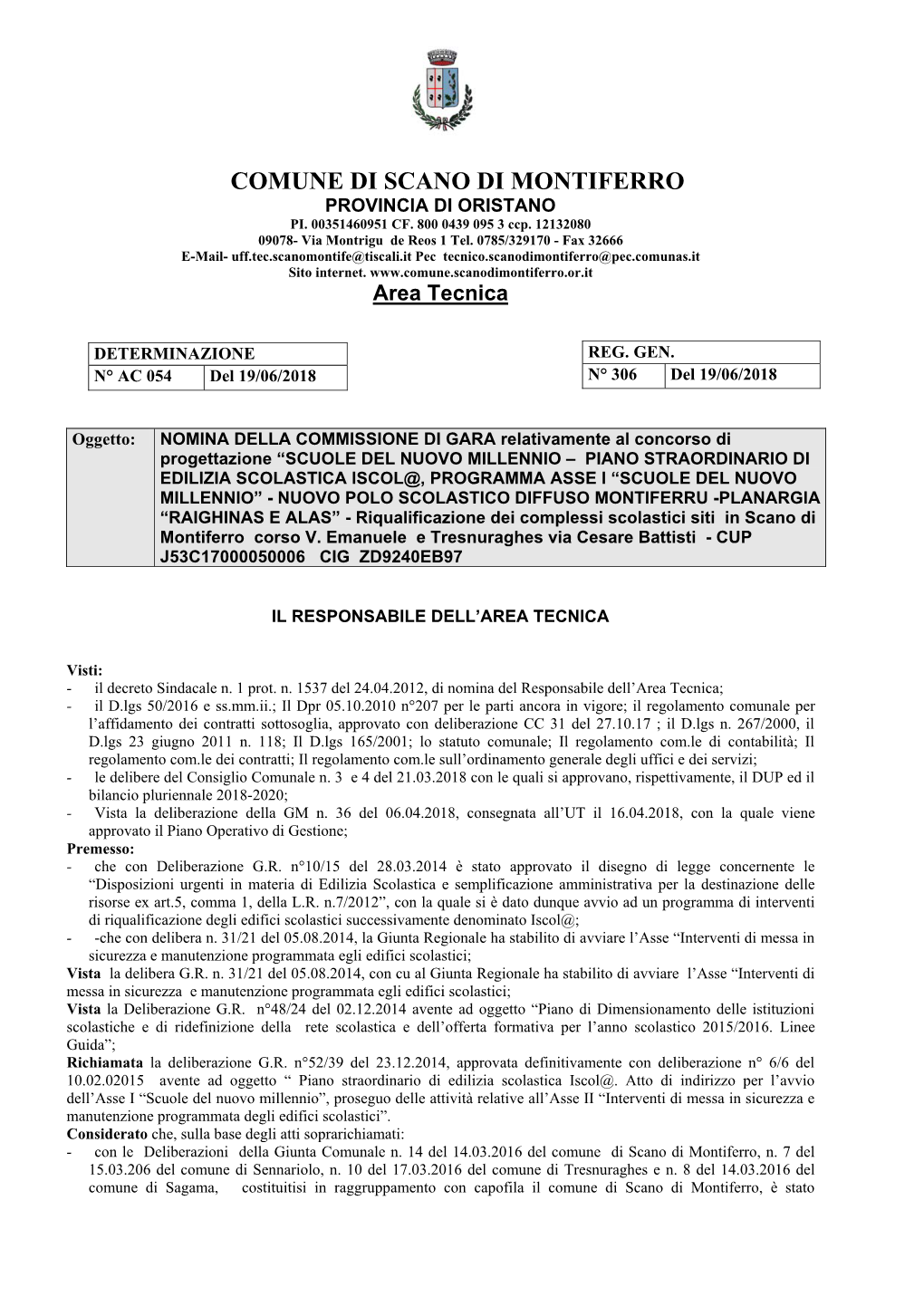 Comune Di Scano Di Montiferro Provincia Di Oristano Pi