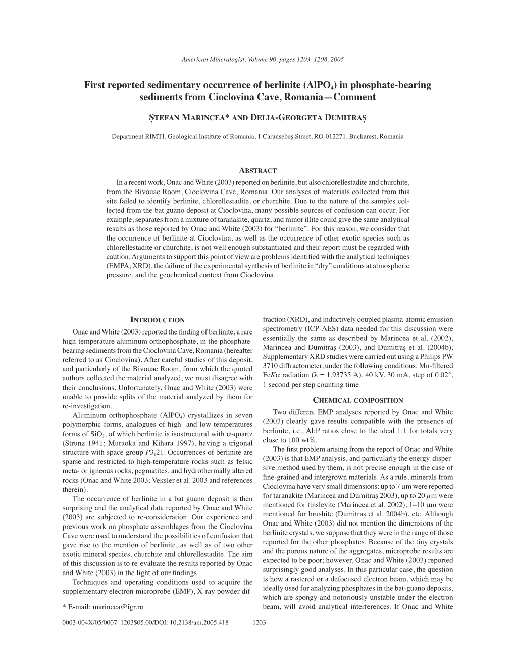 First Reported Sedimentary Occurrence of Berlinite (Alpo4) in Phosphate-Bearing Sediments from Cioclovina Cave, Romania—Comment