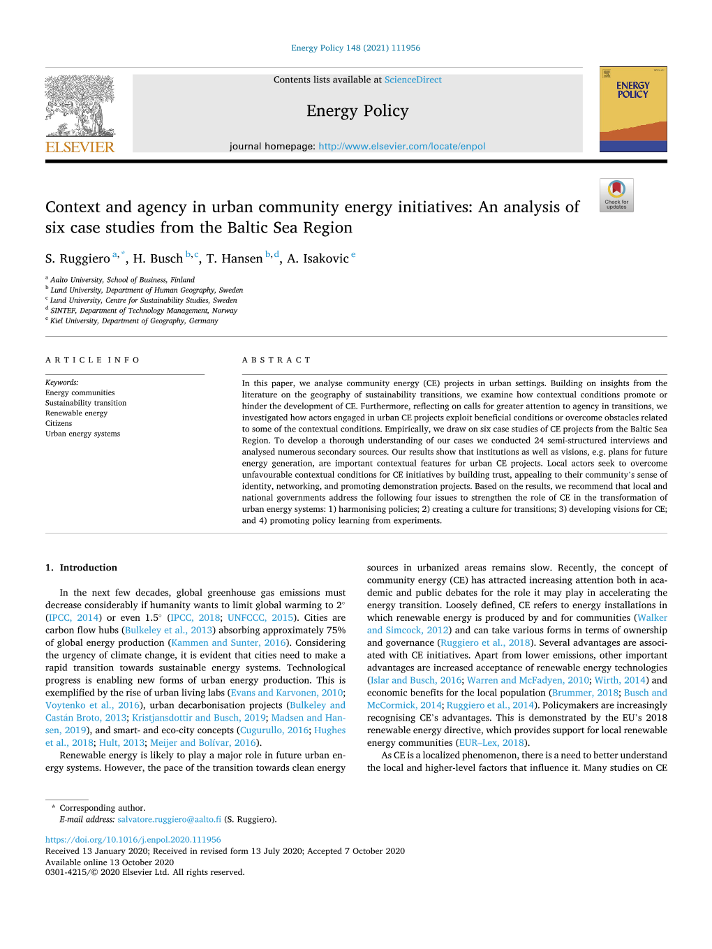 Context and Agency in Urban Community Energy Initiatives: an Analysis of Six Case Studies from the Baltic Sea Region