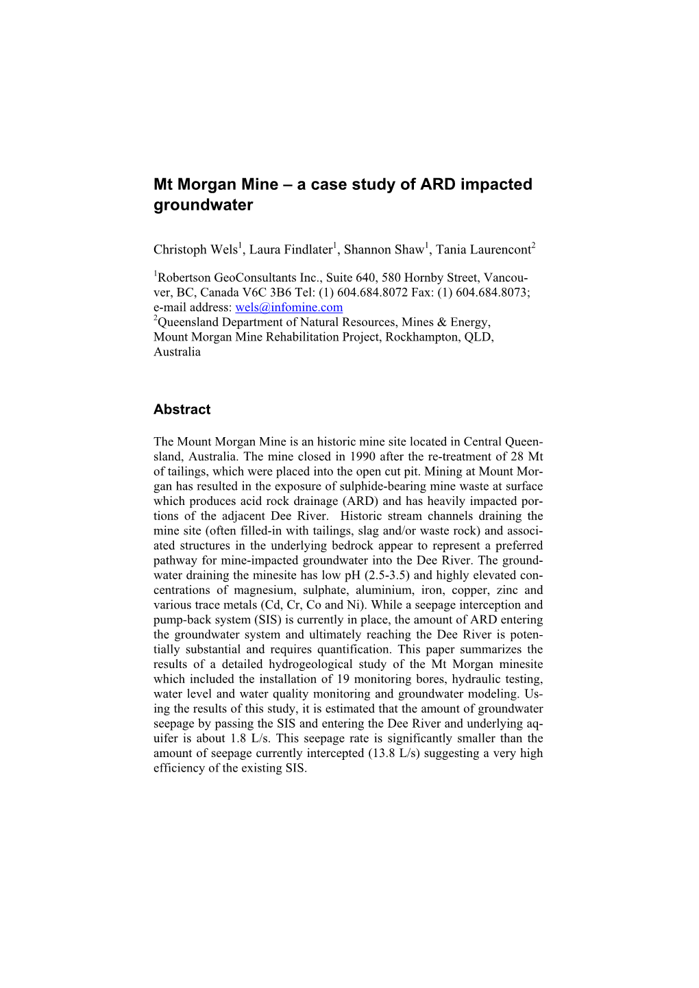 Mt Morgan Mine – a Case Study of ARD Impacted Groundwater