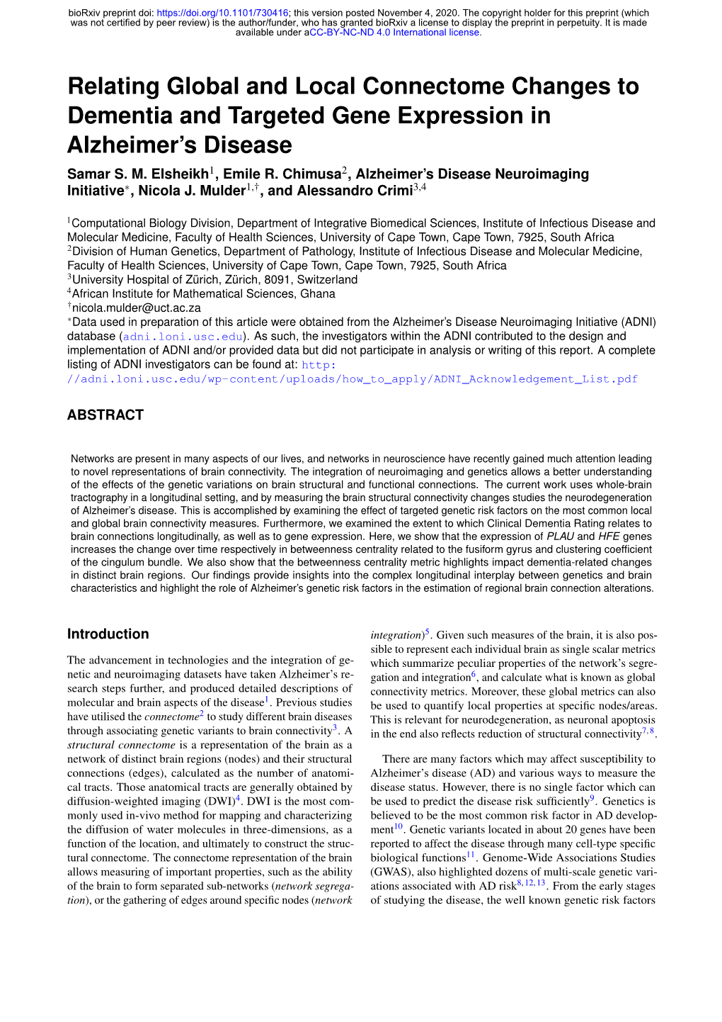 Relating Global and Local Connectome Changes to Dementia and Targeted Gene Expression in Alzheimer’S Disease Samar S