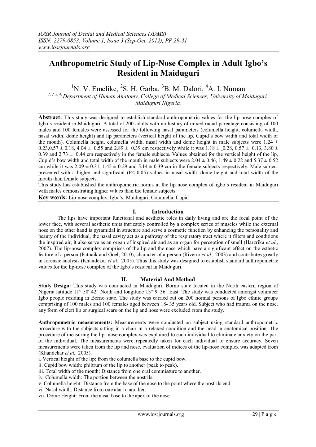 Anthropometric Study of Lip-Nose Complex in Adult Igbo's Resident In