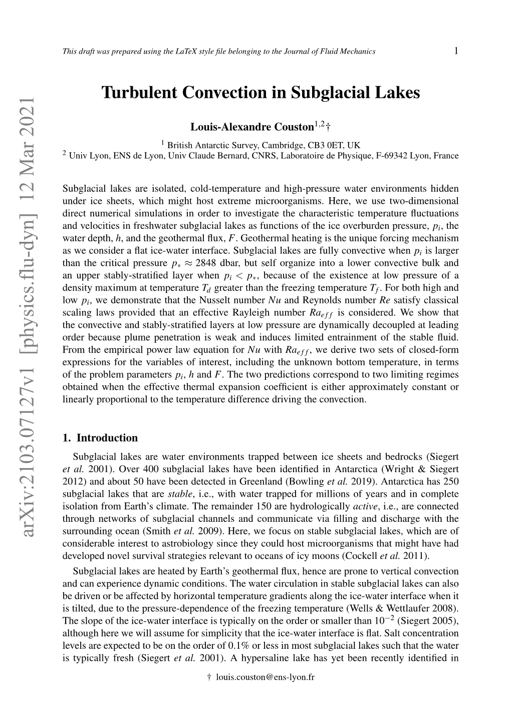 Turbulent Convection in Subglacial Lakes